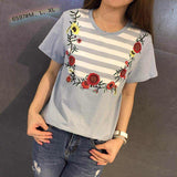 Kaos Fashion Wanita Ala Korea - Esmee Flower Half Stripe 6597 - Nyari.id