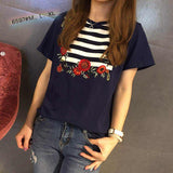 Kaos Fashion Wanita Ala Korea - Esmee Flower Half Stripe 6597 - Nyari.id