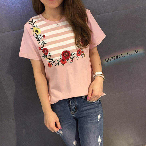 Kaos Fashion Wanita Ala Korea - Esmee Flower Half Stripe 6597 - Nyari.id