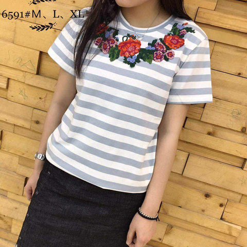 Kaos Fashion Wanita Ala Korea - Hana Flower Full Stripe 6591 - Nyari.id