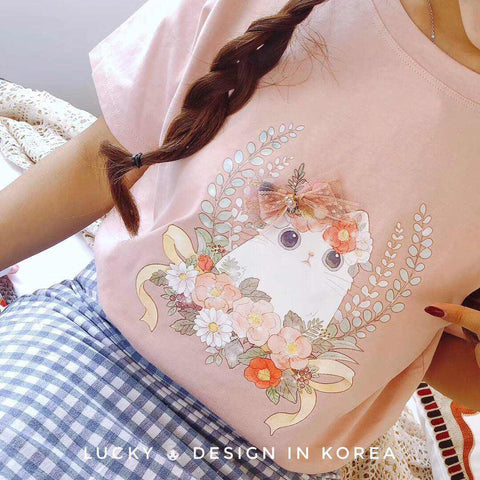 Kaos Fashion Wanita Ala Korea - Zuri Flower Kitty Tee - Nyari.id